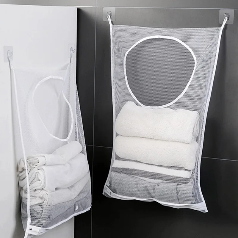 

Mesh Storage Bag Laundry Hamper Foldable Hanging Clothes Pocket Multipurpose with Hook Space Saver for Home Over The Door TJ7112