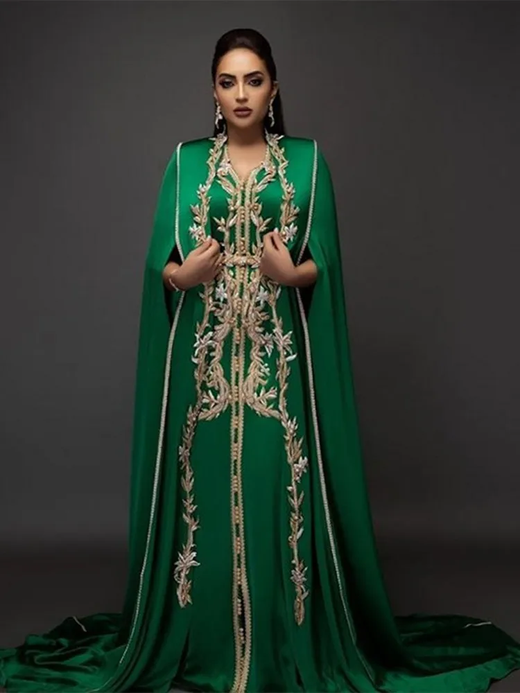 

Green Moroccan Caftans Evening Dresses Embroidery Appliques Elegant Long Formal Dress Dubai Arabic elbise abiye Party Dress