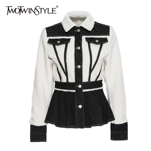 Женская Повседневная куртка TWOTWINSTYLE, повседневная куртка из овечьей шерсти с отворотом и длинным рукавом, с высокой талией, модная зимняя куртка