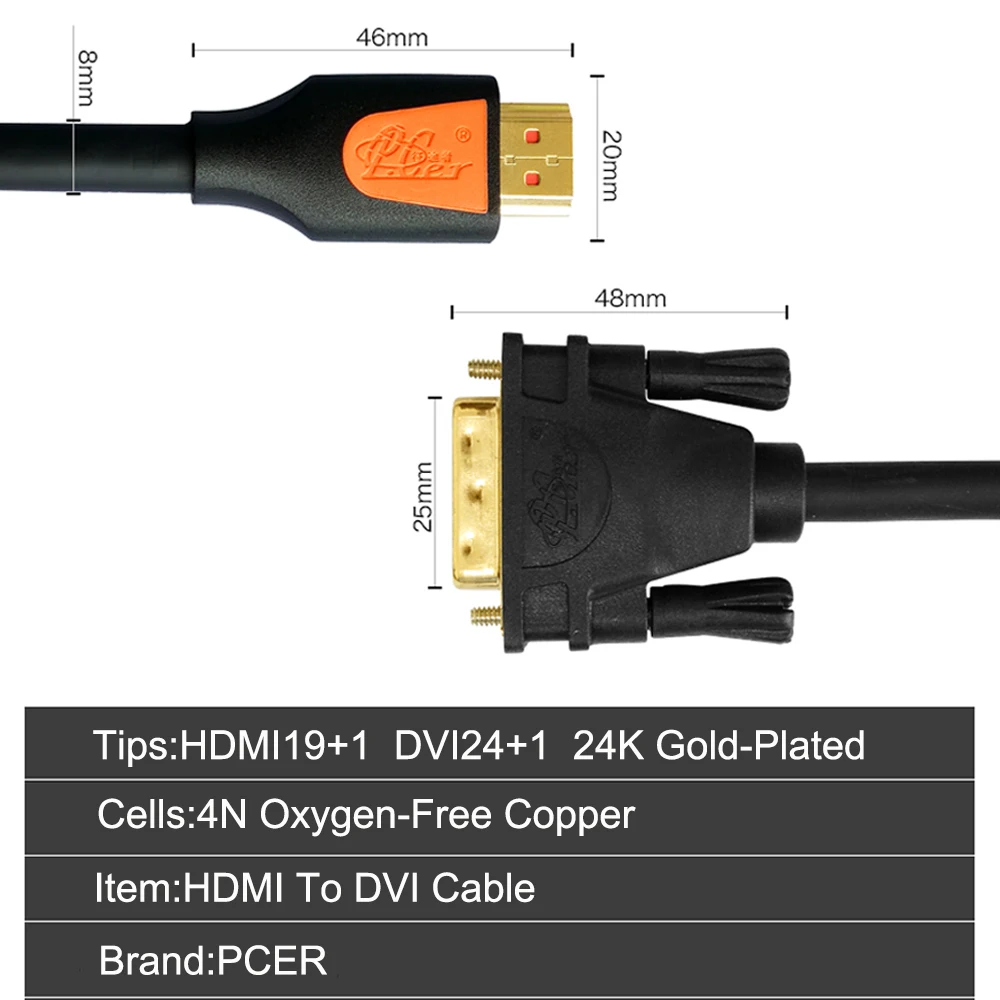 PCER HDMI to DVI Cable Cord Audio Video male cable For PC Monitor HDTV Projector DVI24+1 Male | Электроника