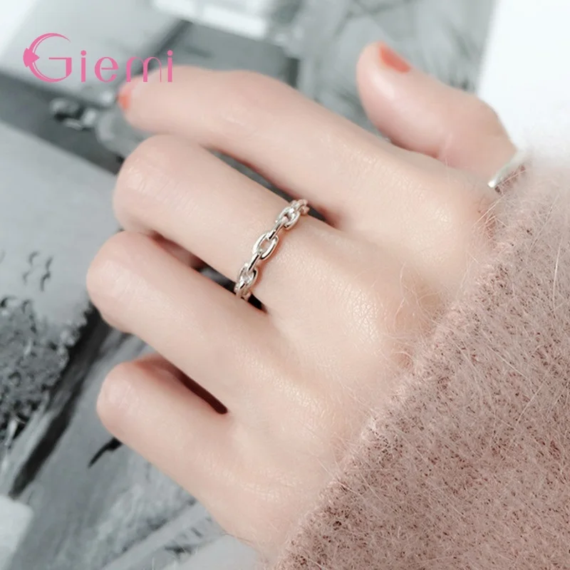 

Shining Authentic 925 Sterling Silver Wide Link Chain Pattern Adjustable Finger Rings For Women Wedding Engagement Jewelry