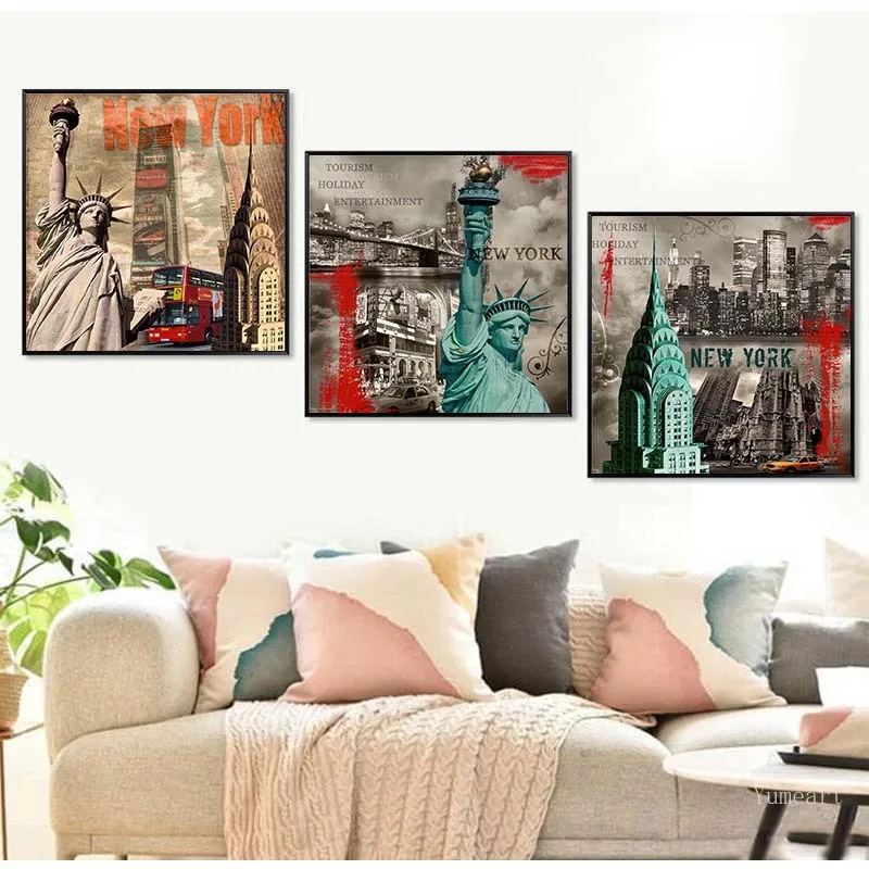 Винтажные картины на холсте с изображением Эйфелевой башни статуи Свободы