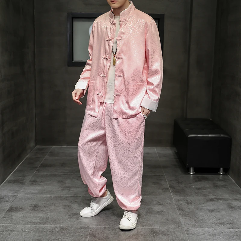 

2021 г., розовый китайский костюм Тан из жаккарда из ледяного шелка с пряжкой, комплект из двух предметов, атласная традиционная китайская одежда ханьфу для мужчин, кунг-фу