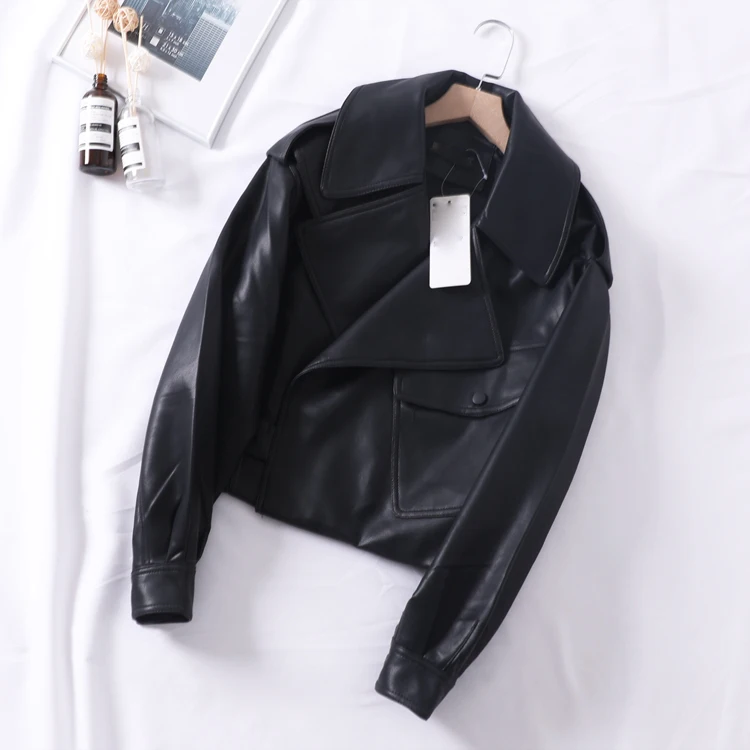 

Spring Autumn Loose Big Pocket Turn-Down Collar Oversize MotorBike Pu Leather Jacket Women Lady