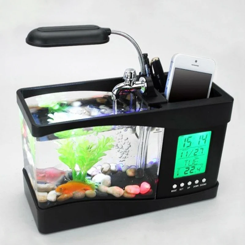 

USB Desktop Mini Aquarium Fish Tank Beta Aquarium with LED Light LCD Display Screen and Clock Fish Tank Decoration with Pebbles