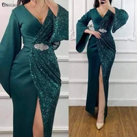 Green Sequins Mermaid Muslim Evening Dresses Long 2022 Full Sleeves Sexy V-Neck Slit Formal Evening Gowns Vestido De Festa Longo
