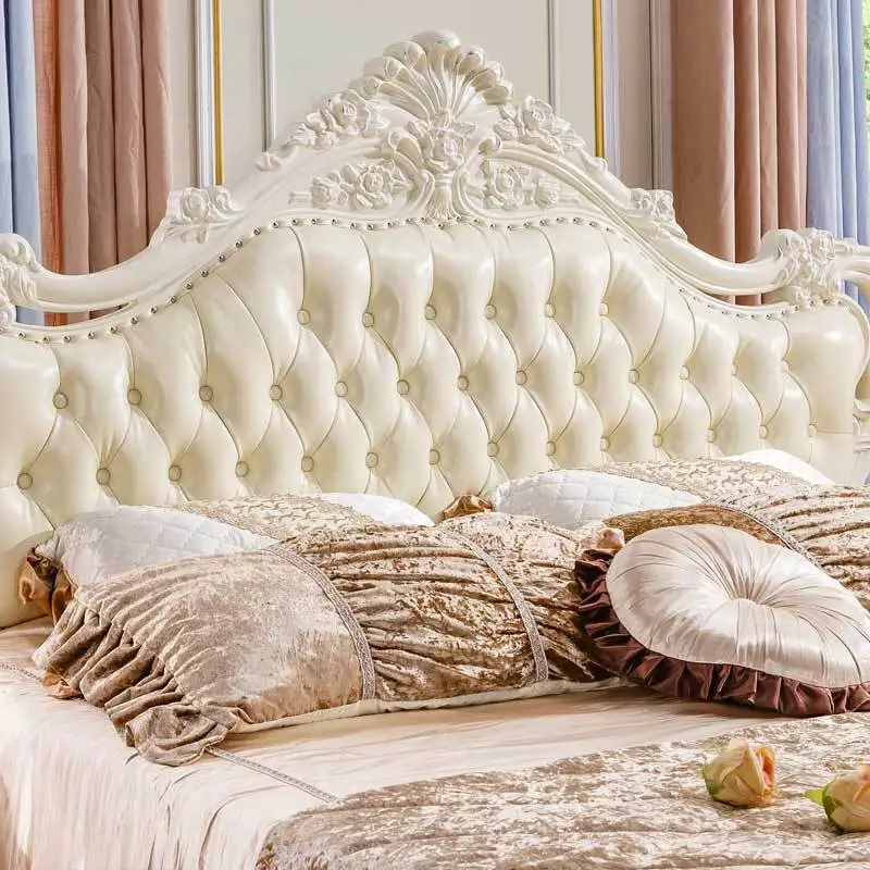Европейская кровать двойная французская кожаная деревянная Резная Кровать