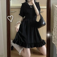qweek gothic punk goth black dress women streetwear kawaii cute ruffle short sleeve dress dark academia preppy style 2021