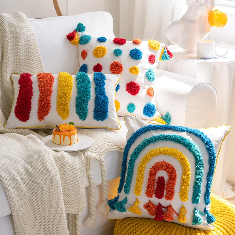 

Decorative Rainbow Pillow Covers Boho Throw Pillow Covers with Tassels for Sofa Chair Living Room fall decor designer Cushion
