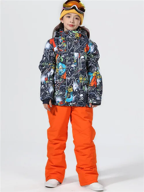 grey print black Лыжный костюм s для детей; зимний костюм для мальчиков; лыжный костюм для девочек лыжный костюм сноуборд горнолыжный костюм лыжи зимний костюм горные лыжи лыжные костюмы сноубординггорнолыжные костюмы горнолыжный - Цвет: grey print black
