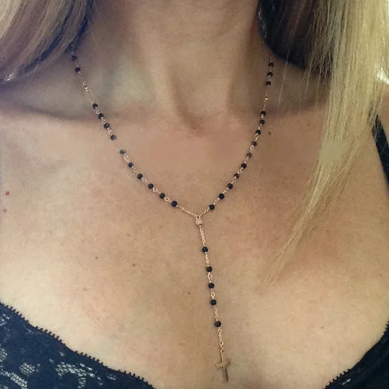 

Autumn Winter Stone Bead Cross Necklace Personality Long Chain Clavicle Pendant Necklaces for Women Fashion Neck Jewelry XL311