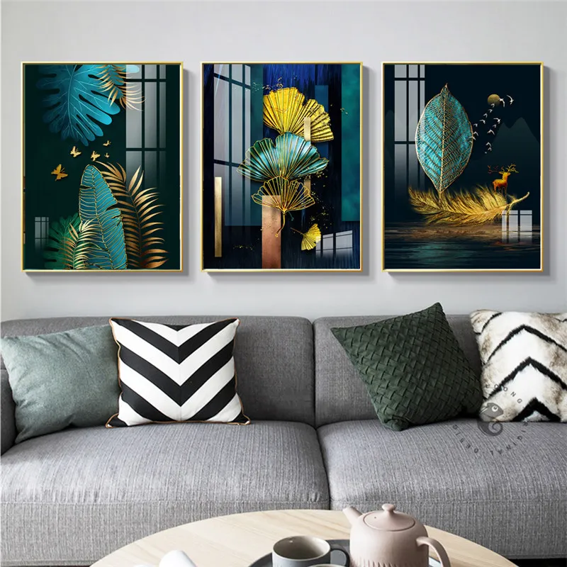 

3 Panels Chinese Style Green and Gold Leaf Plants Canvas Painting Poster and Prints Wall Art Picture for Living Room Cuadros