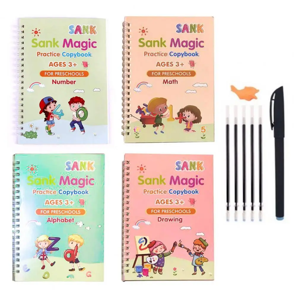 

4 книжки Детские многоразовые для каллиграфии, волшебная 3d-тетрадь, Алфавит/Рисунок/цифры/математика, Детская тетрадь для обучения письма, и...