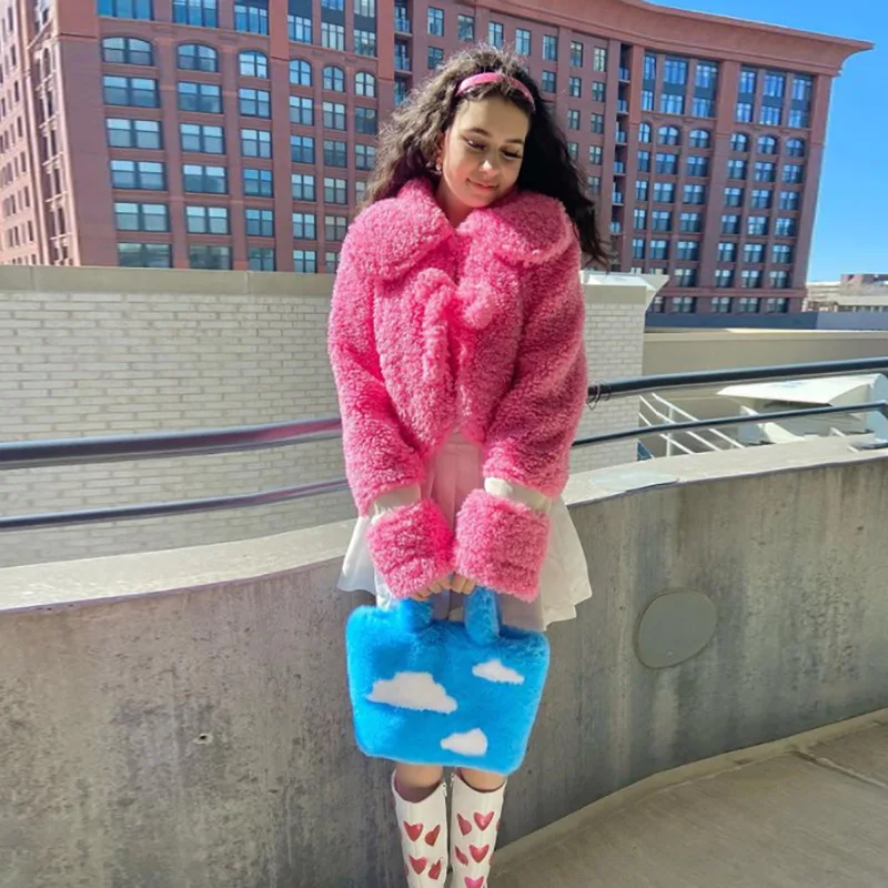 

Autumn Winter Warm Thicken Lamb Wool Coat For Women Solid Sweet Cute College Bandage Slim Outerwear High Quality Casual Top