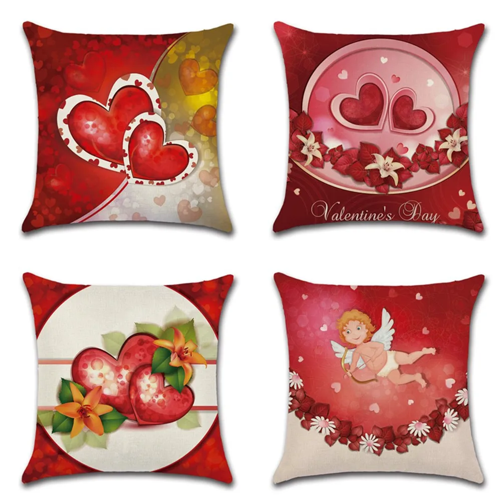 

Red Heart Cushion Covers Linen Angel Flowers Pillow Cover Sofa Bed Nordic Home Decorative Valentine's Day Pillow Case 45x45cm