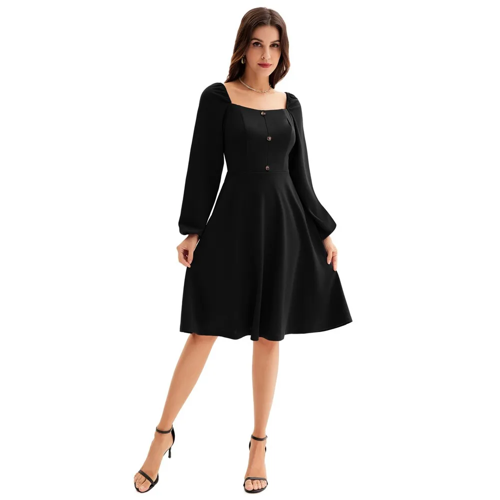 

Grace Karin Women's Summer Dress Retro Design Square Neck Dresses Long Sleeve Defined Waist Flared A-Line Dress Vestido De Mujer