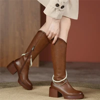 women genuine leather cuban high heels thigh high motorcycle boots female winter warm round toe platform pumps shoe casual shoes