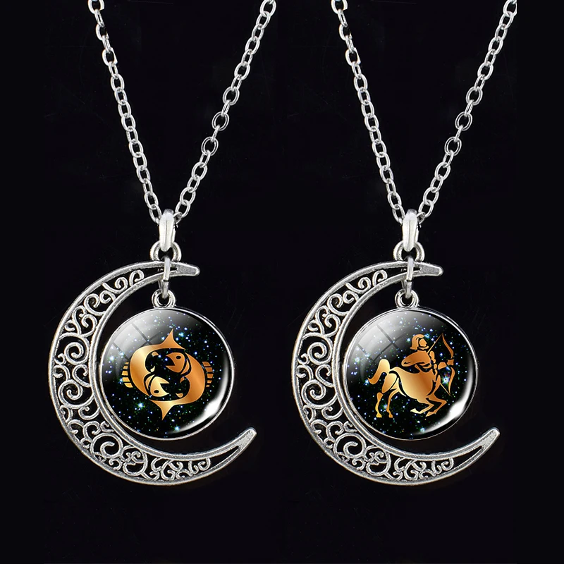 

12 Zodiac Signs Necklace Constellation Glass Cabochon Crescent Moon Pendant Necklace Clavicle Chain Necklace Men Birthday Gift