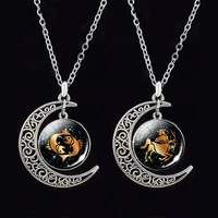 12 zodiac signs necklace constellation glass cabochon crescent moon pendant necklace clavicle chain necklace men birthday gift