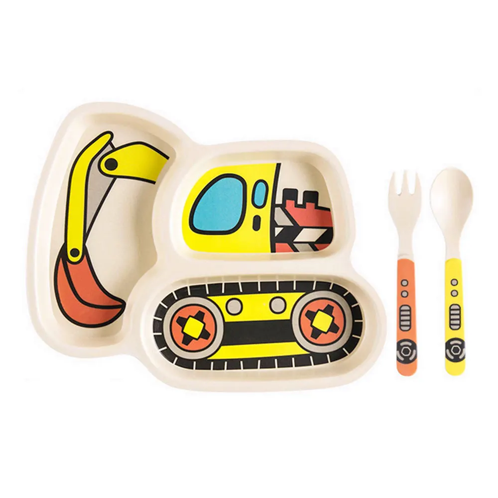 excavator 3pcs/set Cartoon Car Plate Fork Spoon Dinner Plates Set Dishes Divided Compartment Plates Tableware for Kids Toddlers Children - Цвет: excavator