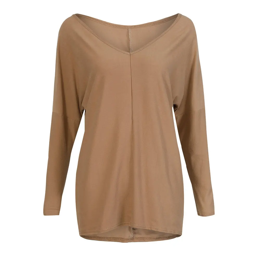 Casual Purple Khaki V Neck Women Loose T Shirt Tops Fall 2019 Fashion Long Sleeve | Женская одежда