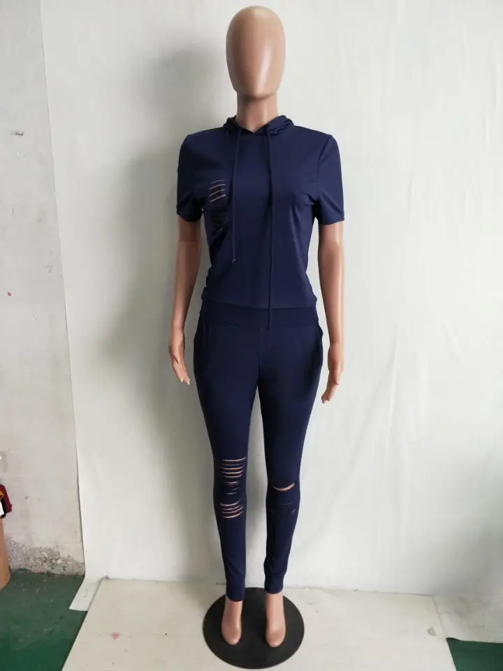 Новинка 2019 Модный женский костюм с дырками топ коротким рукавом и брюки карандаш