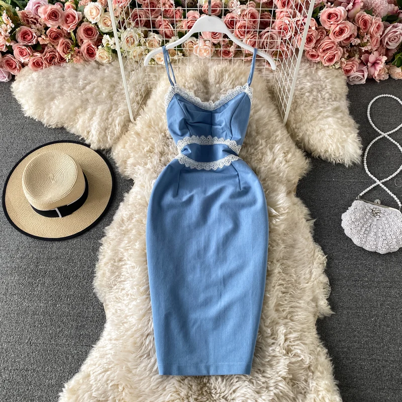 

Однотонное синее кружевное летнее женское платье на бретельках без бретелек сексуальные Клубные платья для женщин без рукавов с открытой с...