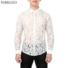 Мужская Прозрачная кружевная рубашка, сетчатая прозрачная рубашка с длинными рукавами, сексуальное платье клубный костюм