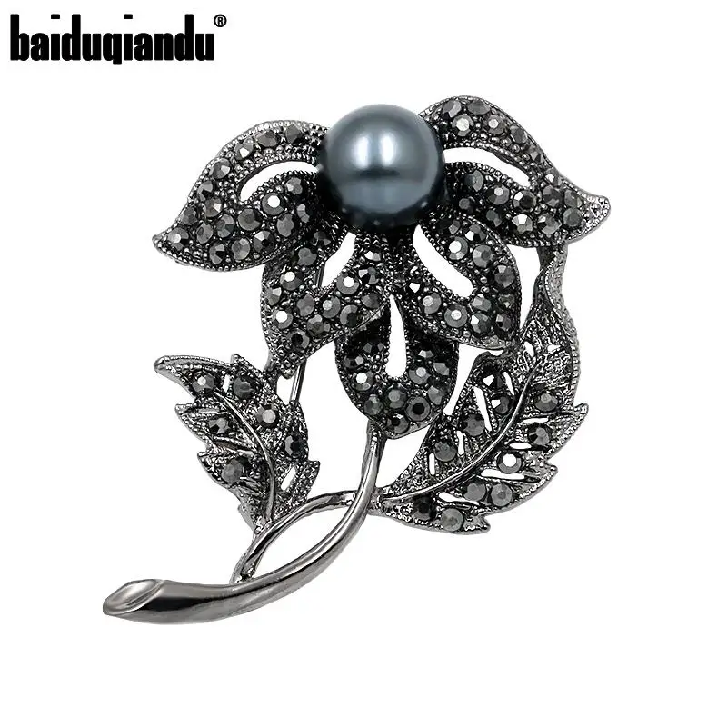 Baiduqiandu брендовые черные Броши Стразы в виде цветочных листьев для женщин
