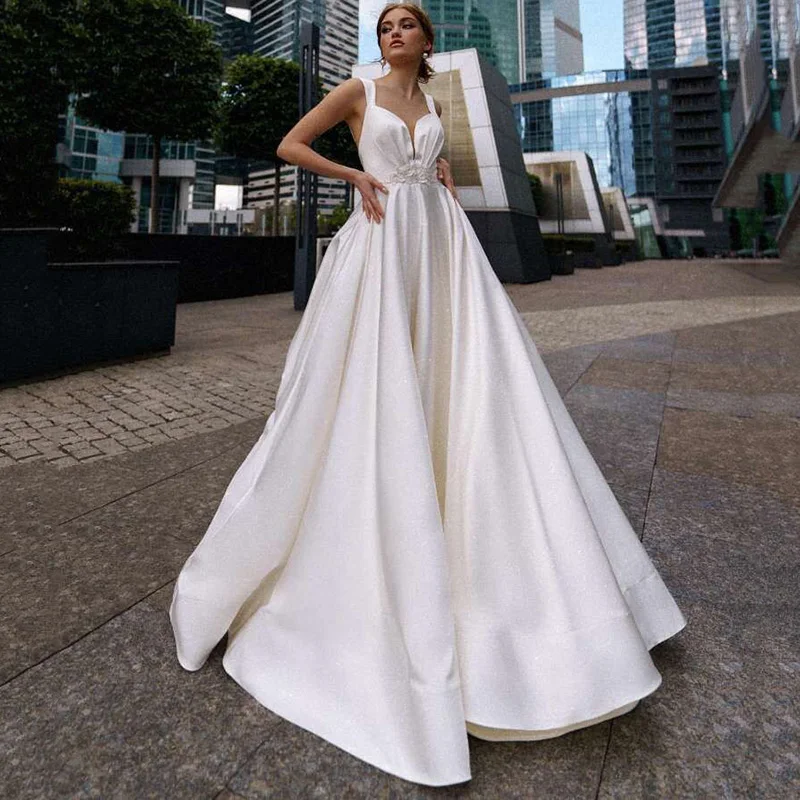 

White Satin Wedding Dress Backless A Line Robe de Mariee Lace Beads Beach Wedding Gowns Straps Turkey Bridal Dress 2021