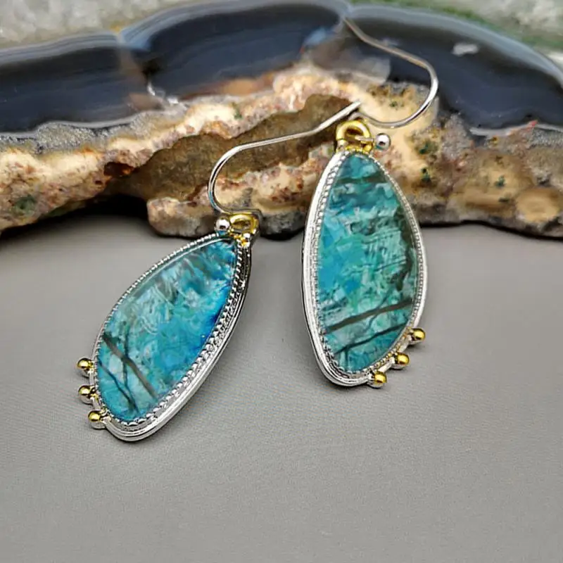 

New Style Ocean Flow Pattern Sea Blue Stone Earrings Jewelry Drop-Shaped Two-Tone Metal Sweet and Elegant Woman Hanging Earrings