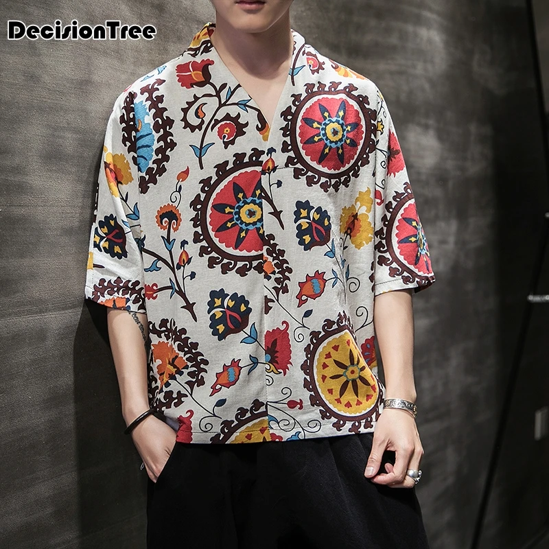 Китайская рубашка мужская одежда tangsuit традиционная китайская одежда для мужчин цветочный принт v воротник рубашка Топ hanfu мужские топы