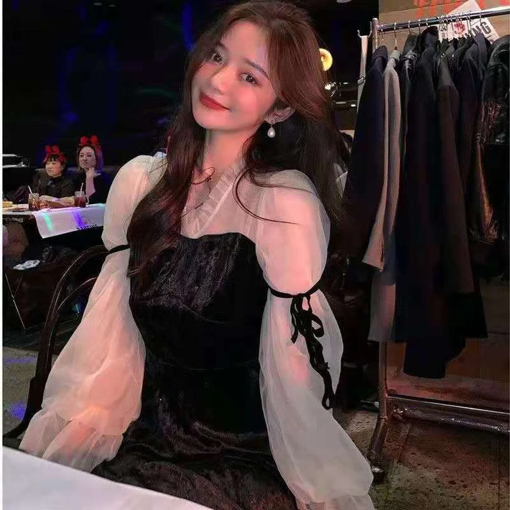 

French Vintage Women 2021 Spring Lace Fairy Velvet Black and White Dress Korean Petal Sleeve Evening Party Elegant Dress Female