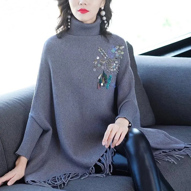 Женский свободный вязаный свитер черная водолазка с блестками и цветочной