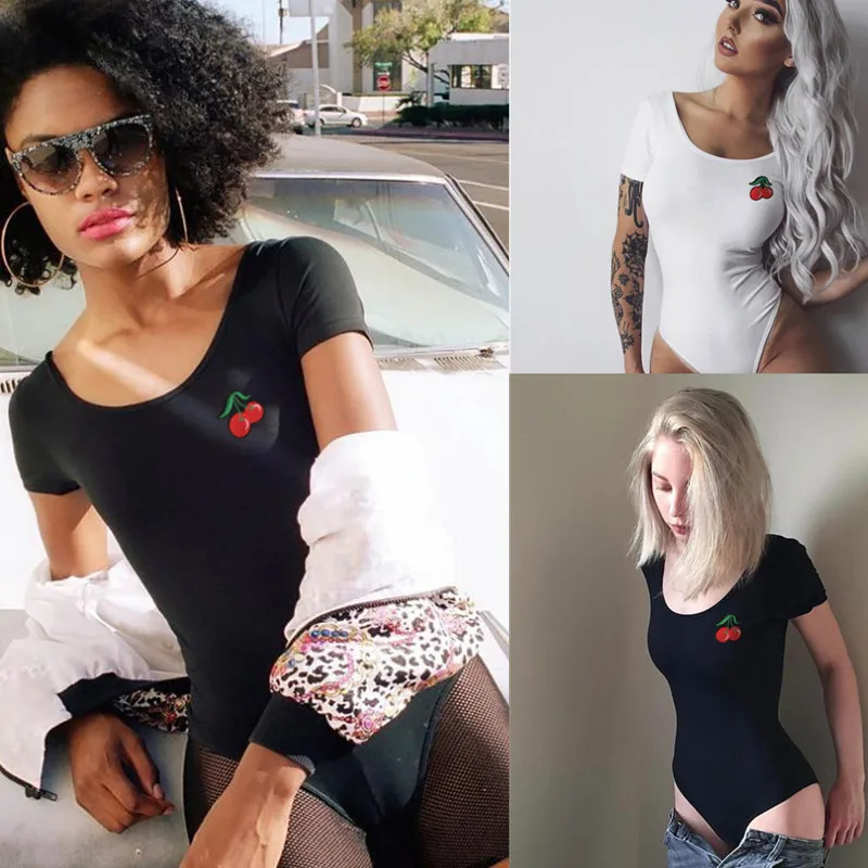 

New Sexy Bodysuit Womens Black Flower Print Short Sleeve Bodysuits 2021 Summer Beachwear Playsuit Cherry Fashion Jumpsuit