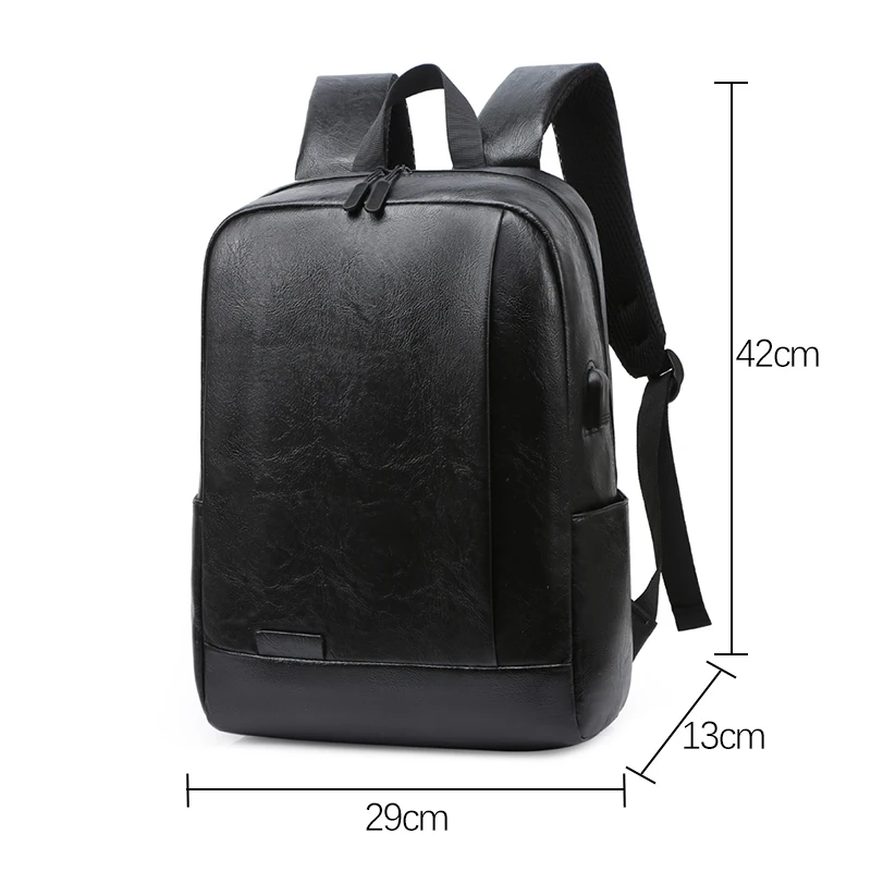 

Men's PU Leather Waterproof Backpack USB Charging Lightness Laptop Black Back Bags male Outdoor Travel casual School Bagpacks