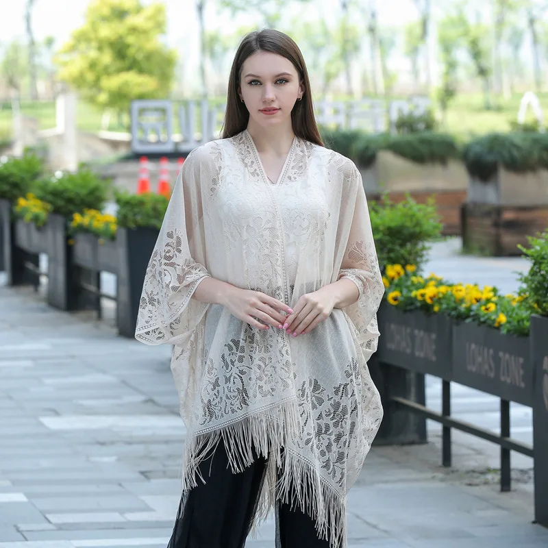 

Women Lace Tassel Beach Cover Up Tops Swimwear Bikini Swimsuit Coverups Fashion Kimono Cape Fringed Casual Cardigan Shawls Wraps