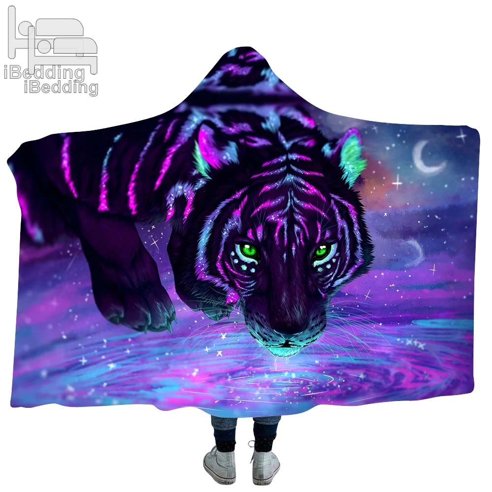 Colored Fluorescent Tiger Pattern 3D Printed Plush Hoodie Blanket for Adults Kid Warm Wearable Fleece Throw Blankets | Дом и сад