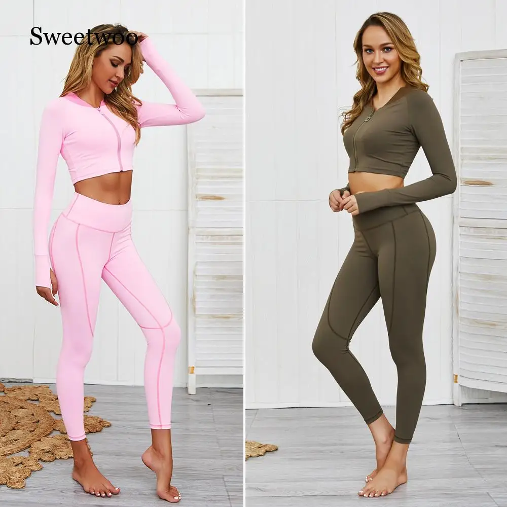 Женский комплект для йоги SWEETWOO спортивная одежда топ на молнии леггинсы