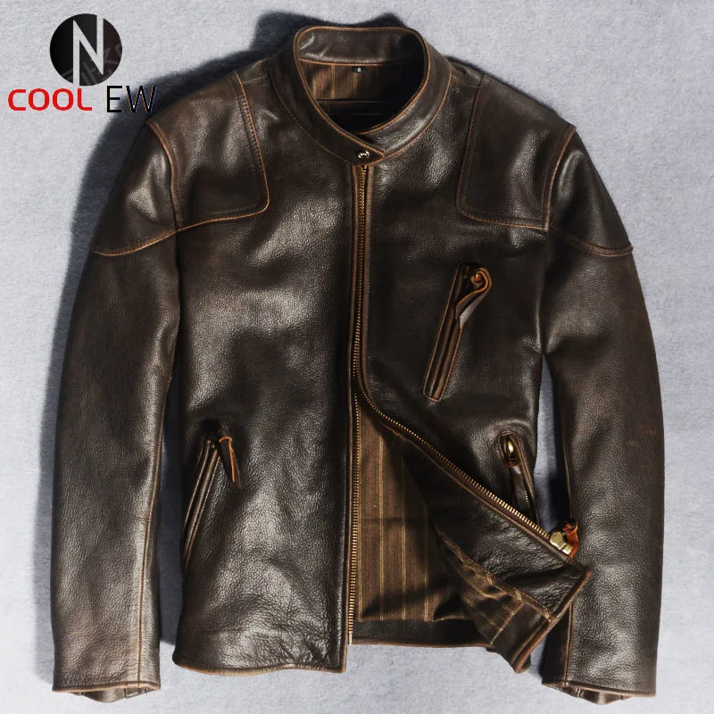 

2021 Vintage Brown Genuine Leather Jacket Men Motorcycle Style Plus Size 3XL Real Natural Cowhide Autumn Slim Fit Biker Coat