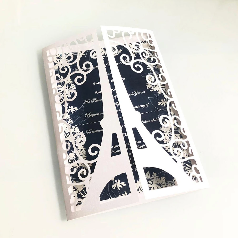 10pcs/set Glitter Embossing Invitation Cards 15*15CM for wedding business party Paris tower greeting card customized supplies