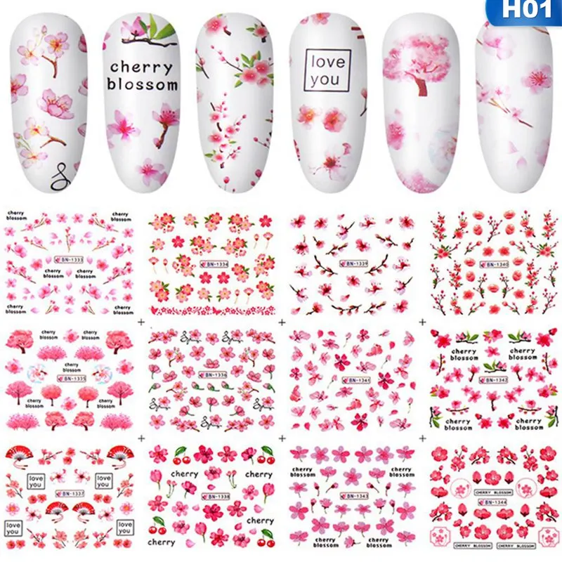 12 шт./компл. вишня в цвету Слайдеры для ногтей с водяным знаком горлышко форме