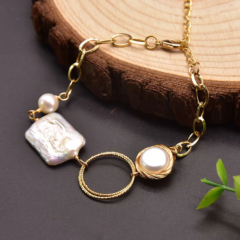 

Жемчужный браслет в стиле барокко с пресноводной жемчужиной, Очаровательная цепочка, женский модный браслет ручной работы для девушек и же...