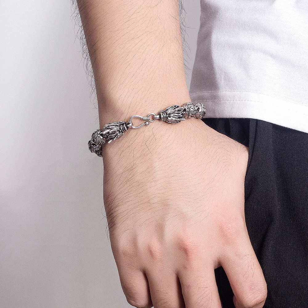

Vintage Style Men's Original 925 Silver Bracelet Personality 11MM-Dragon Round Bead Chain Bohemian Jewelry Unisex Accessories
