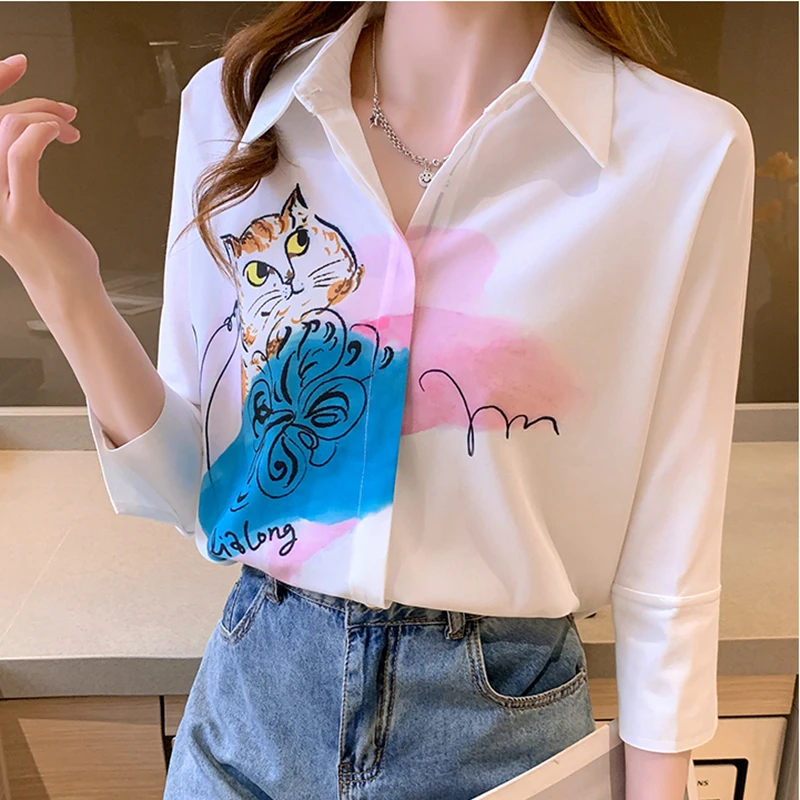 

2021 Summer New Women's Creative Cat Print Loose Three Quarter Sleeve Shirt Single Breasted Korean Chiffon Blouse Camisas Mujer