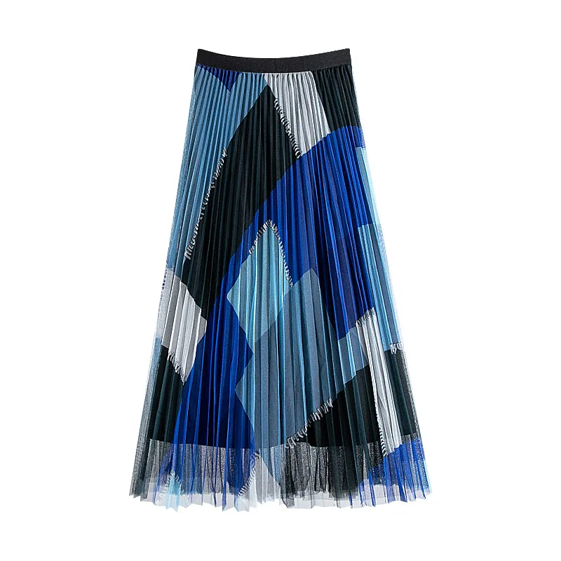 

TFETTERS Mesh Pleated Skirt Women Spring 2021 New Slim High Waist Printed Skirt Contrasting Color Elastic Waist Mid Skirt