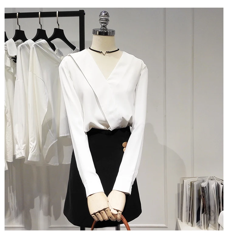 

Autumn new fashion v-neck chiffon shirt women's long sleeve business jacket pure color white shirt TB3175