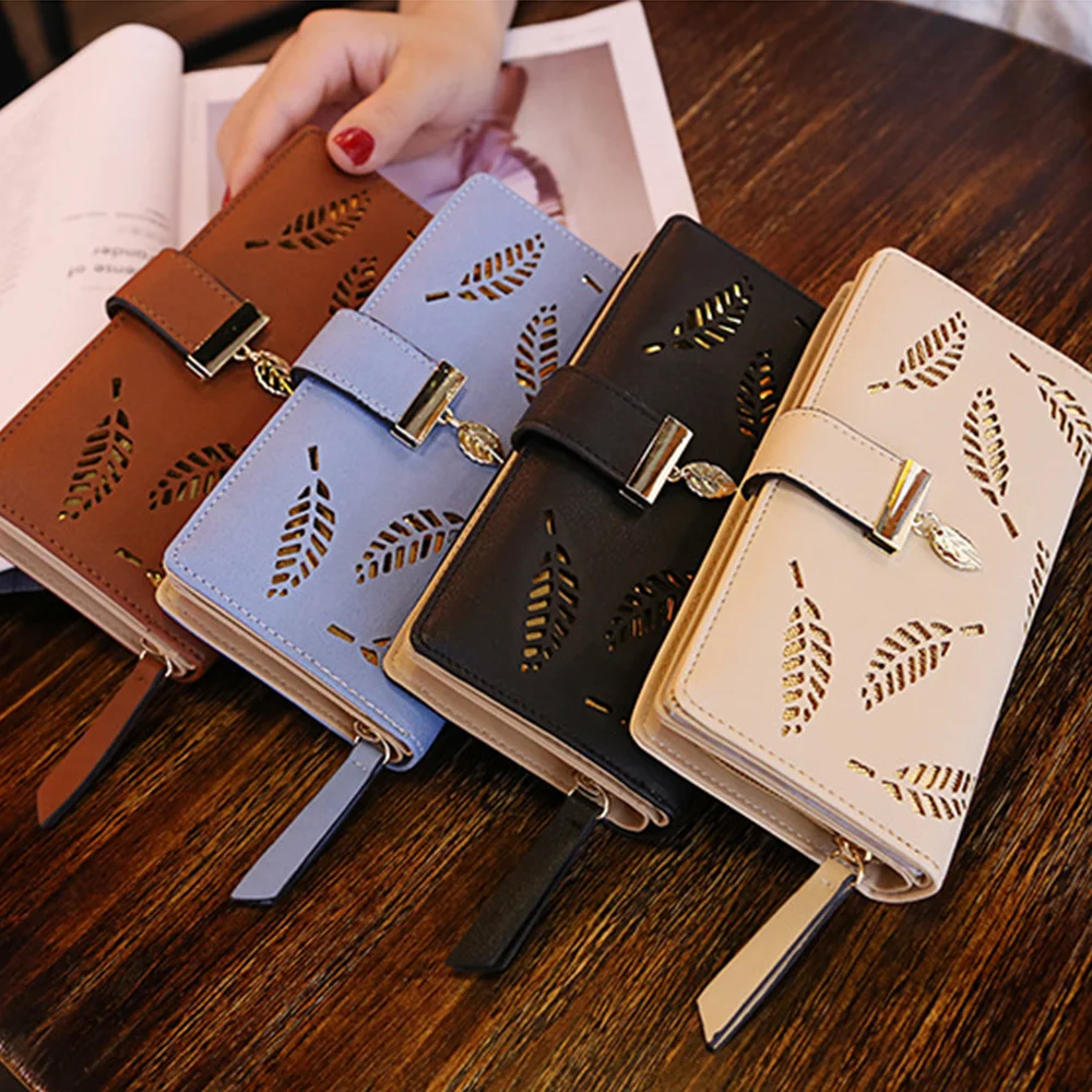 

Women Wallet HASP Long Zipper Buckle Wallet Hollow Leaf Wallet Card Holder Ladies Card Holder PU Leather Clutch Card Holder Girl