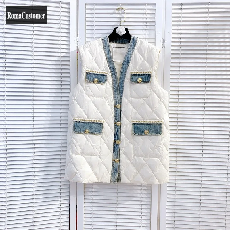 

Пуховик, жилет, Осень-зима, женский новый тонкий легкий однобортный прямой джинсовый жилет с V-образным вырезом и гусиным пухом