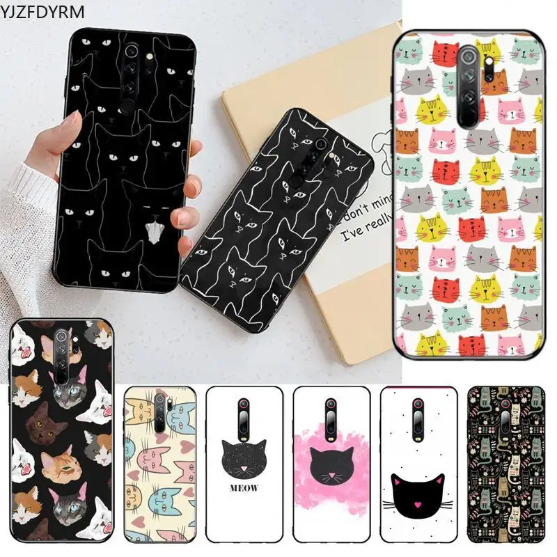 

YJZFDYRM white cartoon cat Black Cell Phone Case for Redmi Note 9 8 8T 8A 7 6 6A Go Pro Max Redmi 9 K20 K30